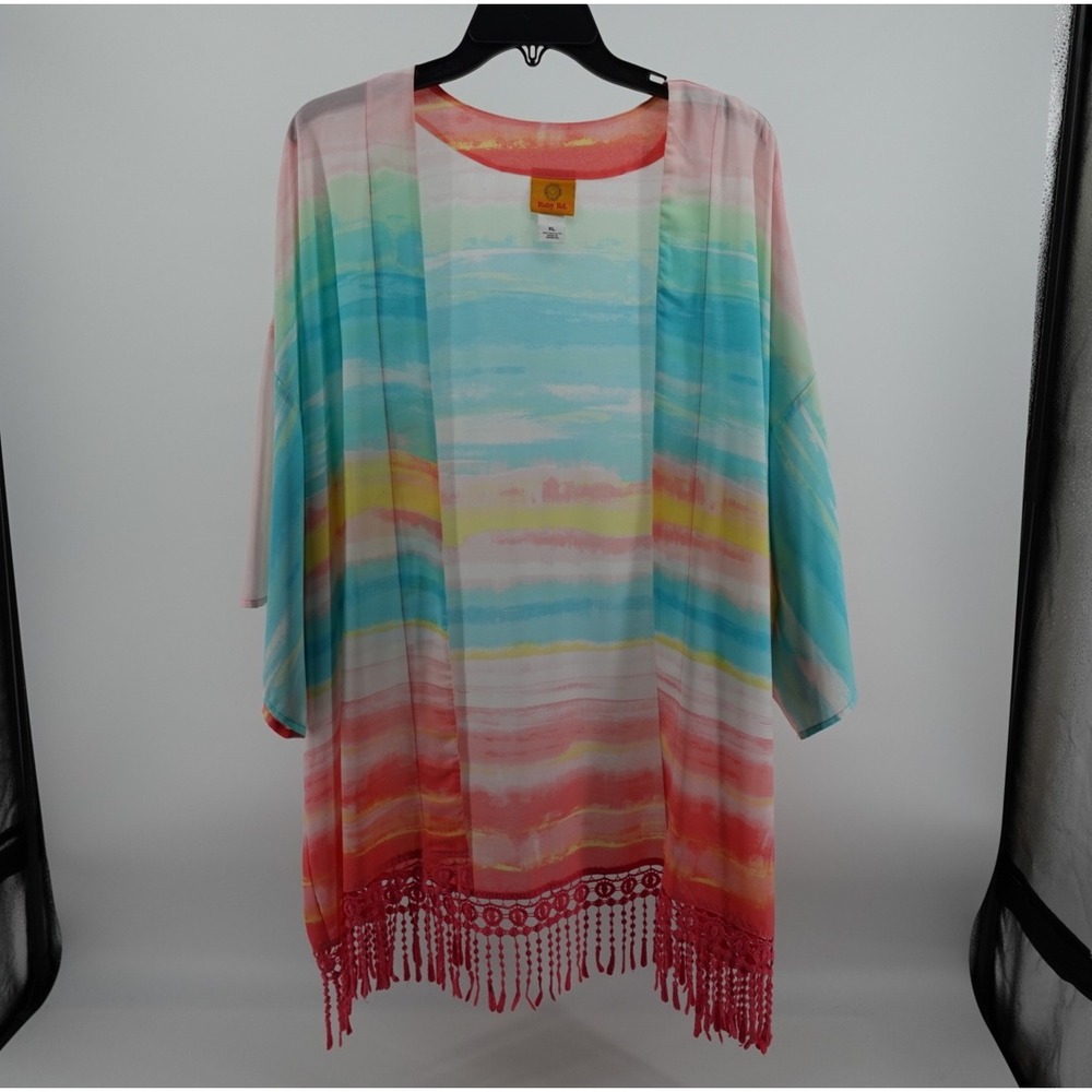 Ruby Rd Womens XL Watercolor Stripe Open Front Kimono Wrap Fringe Crochet Trim